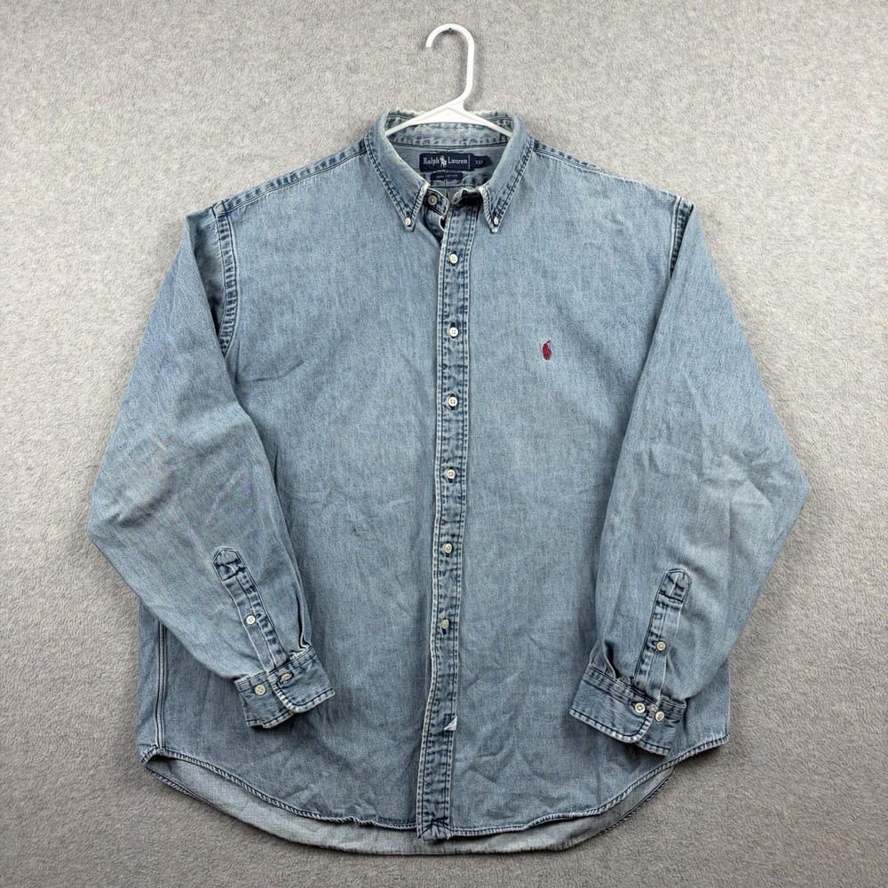 Vintage Ralph Lauren Shirt Mens XXL 2XL Blue Denim Distressed Button Down 90s